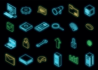 Canvas Print - Data center icons set. Isometric set of data center vector icons neon color on black