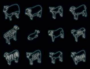 Sticker - Sheep icons set. Isometric set of sheep vector icons neon color on black