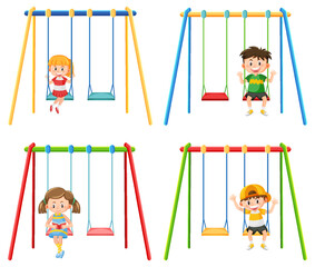 Wall Mural - Kid on swing set playground on white background