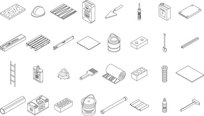Wall Mural - Construction materials icons set. Isometric set of construction materials vector icons outline thin lne isolated on white