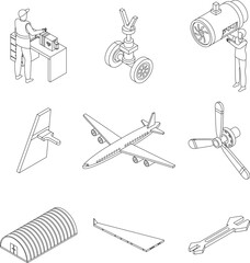 Sticker - Aircraft repair icons set. Isometric set of aircraft repair vector icons outline thin lne isolated on white
