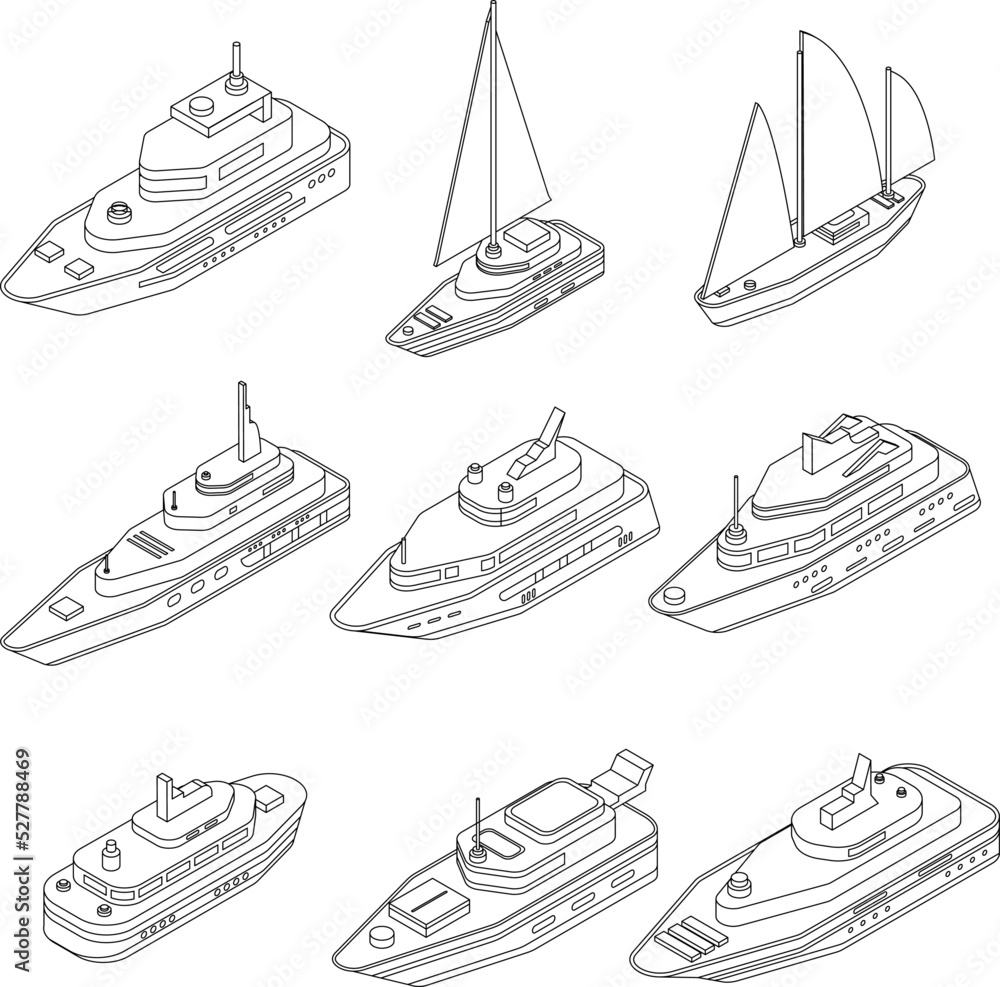 Yacht icons set. Isometric set of yacht vector icons outline thin lne ...