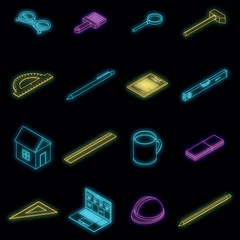 Wall Mural - Architect equipment icons set. Isometric set of architect equipment vector icons neon color on black