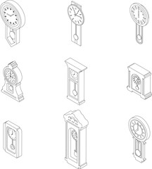 Sticker - Pendulum clock icons set. Isometric set of pendulum clock vector icons outline thin lne isolated on white