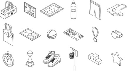 Poster - Basketball equipment icons set. Isometric set of basketball equipment vector icons outline thin lne isolated on white