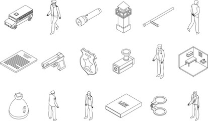 Poster - Prison icons set. Isometric set of prison vector icons outline thin lne isolated on white