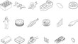 Fish farm icons set. Isometric set of fish farm vector icons outline thin lne isolated on white