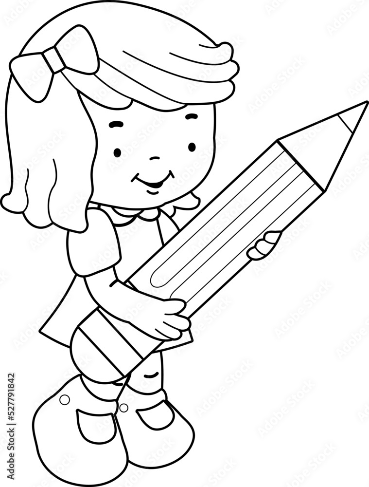 Little girl student holding a big pencil. Vector black and white ...