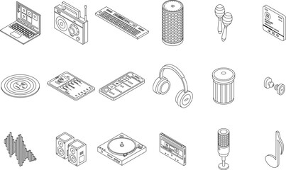 Wall Mural - Playlist icons set. Isometric set of playlist vector icons outline thin lne isolated on white