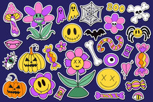 Groovy Halloween Stickers Set In Retro 70s Style. Psychedelic Collection Of Hippie Design Elements. The Power Of Monster Flowers. 