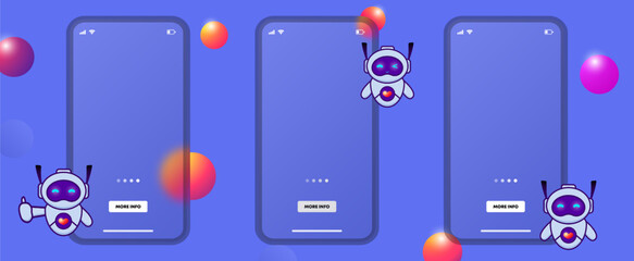 Vector illustration of phone mockups with cute robots. Robot with thumb up, wink, and heart on chest, blue tone. Glass phone. Multicolored volumetric balls. Abstract futuristic background for business