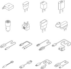 Sticker - Charger icons set. Isometric set of charger vector icons outline thin lne isolated on white