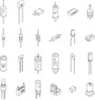 Capacitor icons set. Isometric set of capacitor vector icons outline thin lne isolated on white