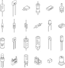 Poster - Capacitor icons set. Isometric set of capacitor vector icons outline thin lne isolated on white