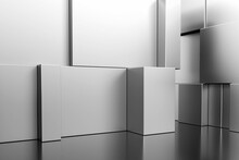 Empty Black White Interior With Corners And Blank Metal Walls. Mockup. Contemporary Futuristic Concept Background With Dark Screen. Empty Future Clean Dark Box Interior Room With Light. 3D Rendering.