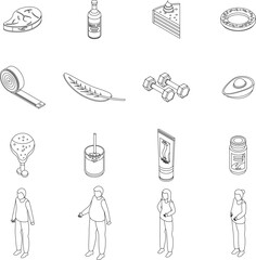 Wall Mural - Slimming icons set. Isometric set of slimming vector icons outline thin lne isolated on white
