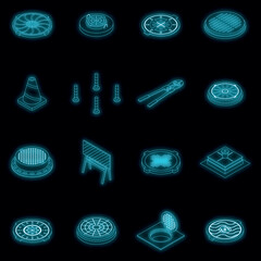 Wall Mural - Manhole icons set. Isometric set of manhole vector icons neon color on black