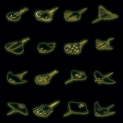 Poster - Stingray icons set. Isometric set of stingray vector icons neon color on black
