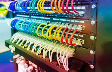 Information Technology Computer Network, Telecommunication Ethernet Cables Connected to Internet Switch.