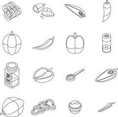 Sticker - Paprica icons set. Isometric set of paprica vector icons outline thin lne isolated on white