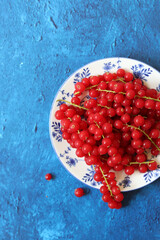 Sticker - Red currant on blue ceramic plate. Blue texture background with copy space. Healthy eating concept. 