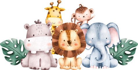 watercolor illustration safari animals