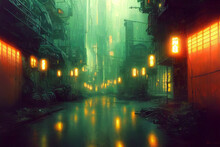Cyberpunk Post-apocalyptic City  Narrow Street, Lime Green And Pink Lights, Concept Art, Digital Painting, Cinematic,