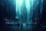 Fototapeta Kosmos - dark futuristic cyberpunk dystopian city, digital painting,