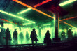 cyberpunk post apocalyptic subway scene, androids and  people wandering  around, cinematic, digital painting