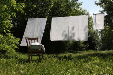 Canvas Print - Washing line with clean laundry and clothespins outdoors