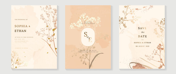 Fototapete - Luxury botanical wedding invitation card template. Minimal watercolor card with flowers, wildflowers, foliage, wild grass. Autumn elegant blossom vector design suitable for banner, cover, invitation.