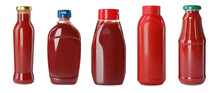 Set With Different Bottles Of Ketchup On White Background. Banner Design