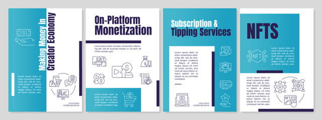 Making money in creator economy blue brochure template. Leaflet design with linear icons. Editable 4 vector layouts for presentation, annual reports. Anton, Lato-Regular fonts used