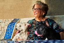 Positive Elderly Female With Dogs In Bench