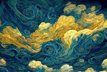 Abstract Background As Surreal Illustration Of Cloudscape Above City In Style Of Oil Paintings Of Van Gogh, Blue White And Yellow Clouds Swirls