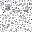 Hand drawn business or school doodles seamless pattern. Mobile, computer, speak clouds, pen, arrow, cactus, smile icon, heart, envelope icons. Vector illustration.