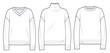 Sweaters Set, Jumpers technical fashion illustration. Sweaters fashion technical drawing template, overfit, roll neck, round neck, v neck, long sleeve, front and back view, white, unisex CAD mockup.