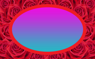 Wall Mural - pink and blue oval on red frame on red roses flower background, card, name card, banner, template, decor, copy space