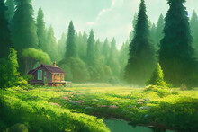 Small Wooden Lodge In The Forest. Beautiful Peaceful House In Between Trees. Digital Painting Of A Small Cabin Lost In Nature. Retreat, Empty Wooden Cottage. Digital Painting.