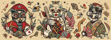 Old School Tattoo Collection. Cats. Unlucky Lucky Cat, Symbol 2020 World Crisis Concept. Portrait Of Kitty Geisha Princess. Traditional Tattooing Style. Funny Pets Art, Animals Hand Drawn
