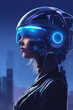 futuristic cyberpunk girl wearing helmet with visor, cyber city in background, digital art.