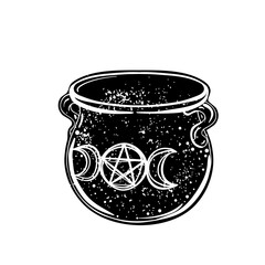 Witches cauldron. Vector isolated illustration in Victorian style. Mediumship divination equipment. flash tattoo drawing. Alchemy, religion, spirituality, occultism.