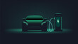 © N.D. Fernandez - Electric car charging. Dark background. Electronic vehicle power dock. EV Plugin station. Fuel recharge cells. Green color vector illustration.