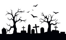Vector Black Silhouette Of A Scary Cemetery Landscape With Graves, Crooked Trees And Flying Bats - Halloween Themed Seamless Panorama