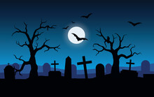 Vector Halloween Landscape With Silhouettes Of Scary Trees, Graves And Flying Bats With Blue Sky Background And Full Moon