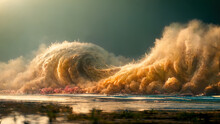 Tsunami Wave Apocalyptic Water Storm. Large Tidal Wave Coming On To The Beach. 3D Render