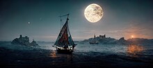 Spectacular Digital Art 3D Illustration Of A Nighttime Scene With A Medieval Fantasy Sailboat, Schooner Sailing Along The Coast With Docks And Lighthouses, And A Bright Moon In The Sky.
