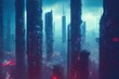 Aerial view of a cyberpunk city. Skyscrapers view, at night on a rainy day. Modern, futuristic architecture. Big, tall buildings. Dark technology, urban town artwork. Concept skyline. 
