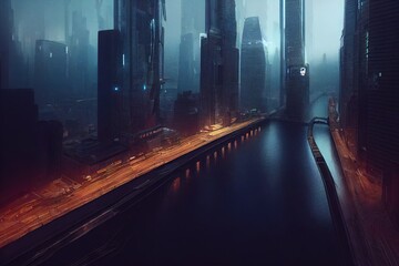 Wall Mural - aerial view of a cyberpunk city. skyscrapers view, at night on a rainy day. modern, futuristic archi