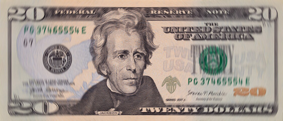 Closeup of front side of 20 dollar banknote